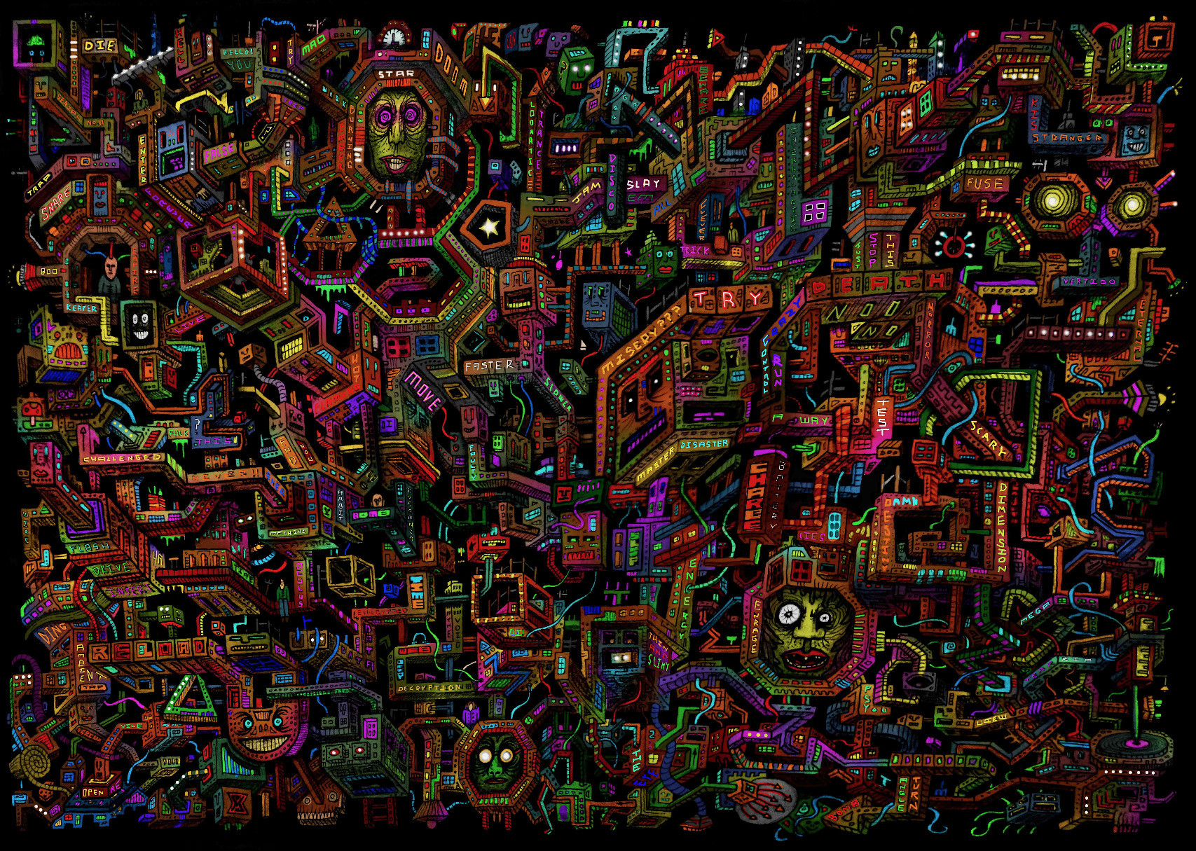 a strange maze of interconnected boxes and parts that belies no purpose of possible understandings. There are faces hidden in the structure of the design, and it has an almost machine-like organization to it contrasted with the staggeringly organic maze that is it's various disparate components.