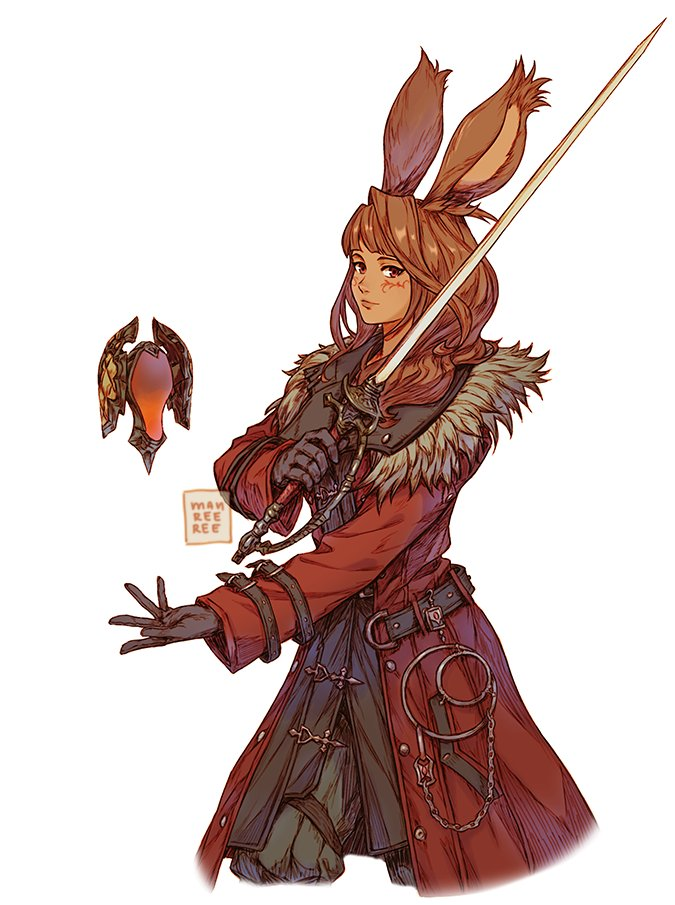 A Viera Red Mage.  Viera are tall, lithe, and agile rabbitfolk. They stand just a bit taller than a man, though their ears sticking straight up give them the impression of a much larger stature.  Red Mages are powerful arcane magic users who utilize the forces of destruction and benediction. With a glance they might light you aflame, with another perhaps abjure you with a magical shield. They are also known for their skills with a rapier, making them one of the most valuable generalist combatants. The red that is their namesake comes from the balance between harmful (black) magic and helpful (white) magic. White symbolizing purity and resolve, while black symbolizes chaos and the unknown. Red is the color of life, passion, and valor, so the combination of holy and profane belies their honest expression of their heartfelt profession.
