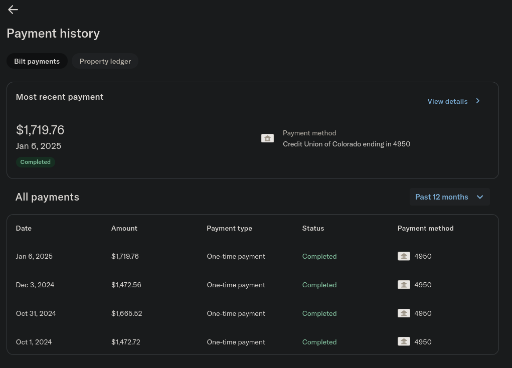rent payment history for the past couple months. Mostly just to show how much my rent is. Utilities are paid every other month.