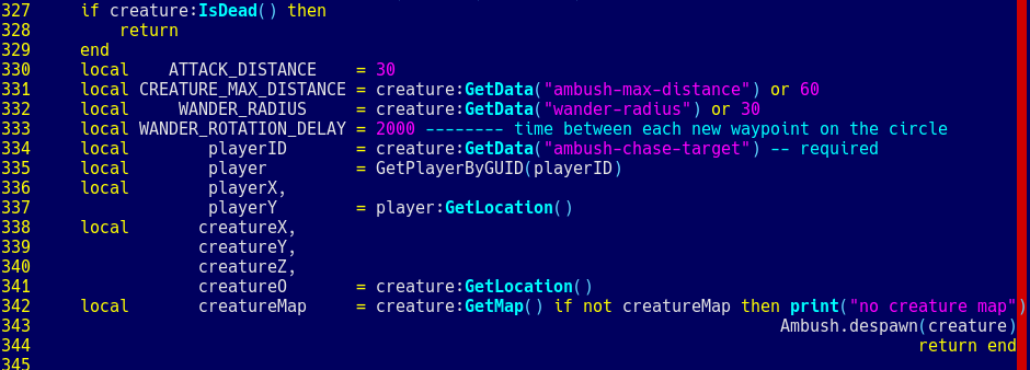Setting a bunch of values for a "player" and a "creature" object. Mostly things like location, and values related to their movement around the map (such as wander radius, or attack distance, that kind of thing)