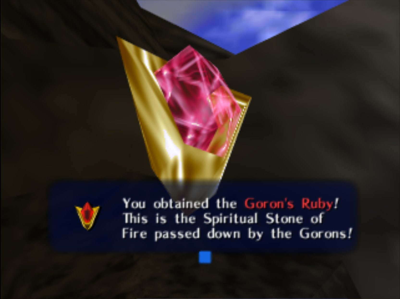 a screenshot of the Goron's Ruby from Ocarina of Time.  A smooth, flat stone comprised of two materials. The hardened outer shell is thick with spiritual energy, and it radiates light the way a rippled piece of silk folded over a malleable piece of gold.  the inner jewel is crystallized like the purest ice, but a bright shade of crimson white. it seems to radiate an aura of affection and the yellow-gold back-piece can be seen peaking through it's mostly transparent core. (think like fog or thick mist or steam or smoke).