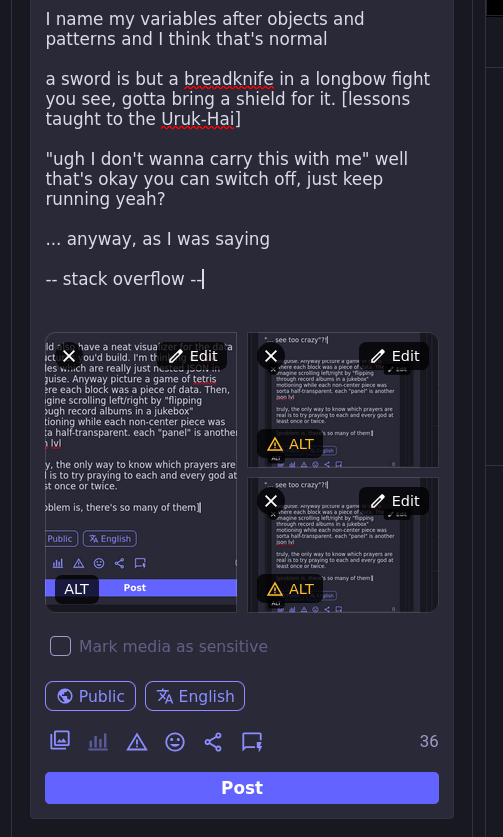 I name my variables after objects and patterns and I think that's normal  a sword is but a breadknife in a longbow fight you see, gotta bring a shield for it. [lessons taught to the Uruk-Hai]  "ugh I don't wanna carry this with me" well that's okay you can switch off, just keep running yeah?  ... anyway, as I was saying  -- stack overflow --