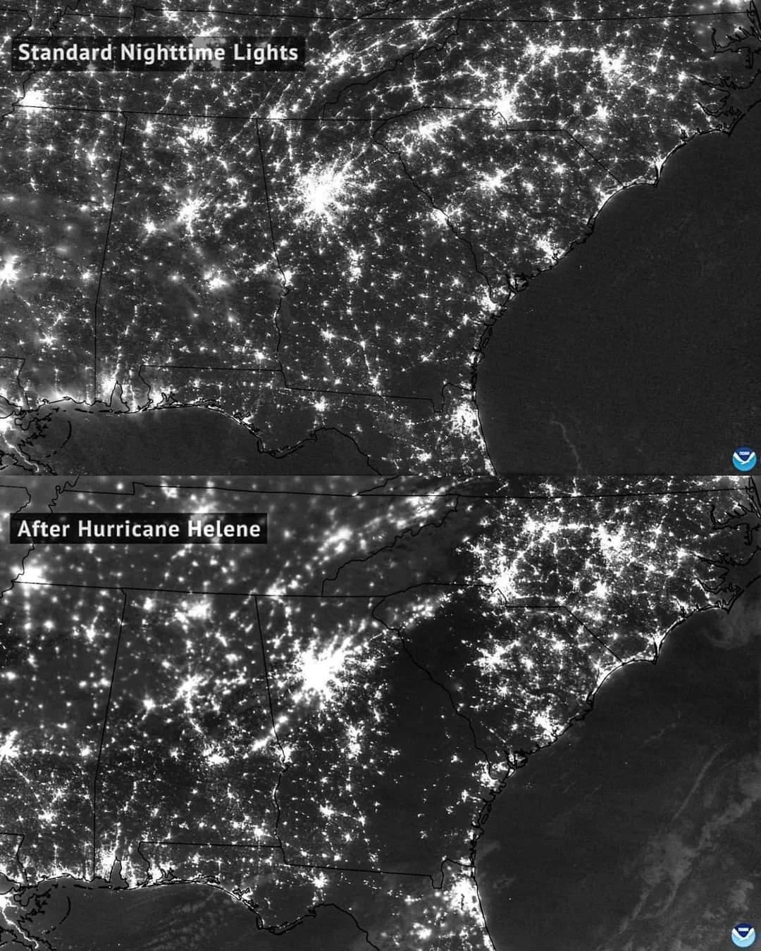 a before and after picture of the pinpricks of light that dot the map of the USA at night.  Before, is the standard night-time lights. They twinkle and glimmer and illustrate the connections we people do share.  After, a vast swathe of darkness flows over the land, billowing through the mountains and the trees. There are entire cities wiped clean off the terrain, and where once there was connected constellations of man-made starlight, now only shadow remains.