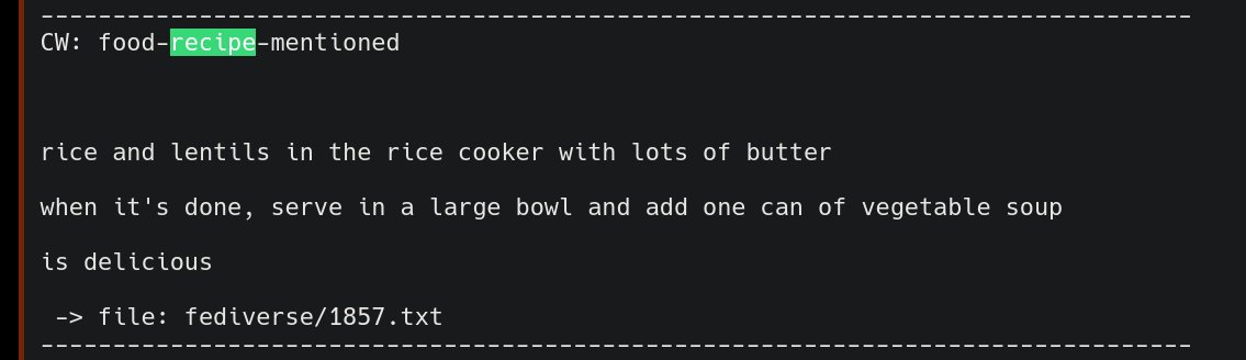 CW: food-recipe-mentioned    rice and lentils in the rice cooker with lots of butter  when it's done, serve in a large bowl and add one can of vegetable soup  is delicious   -> file: fediverse/1857.txt