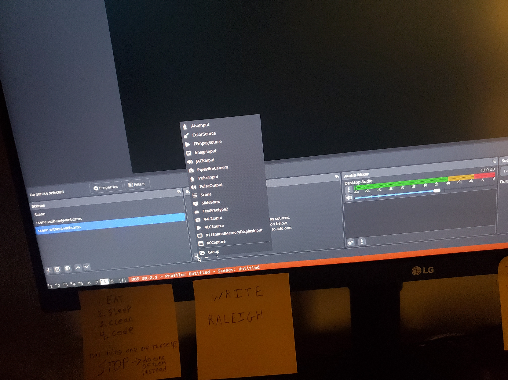 a screenshot of obs, well it's a picture with a camera from a phone, because obs won't let you type keyboard commands (even if they're part of a shortcut) when a right-click menu is open. anyway it shows a list of potential input sources, like microphones, cameras, that sort of thing. Usually there's a way to use the screen output as the recording input using an option called "Screen capture", but right now it's not there. strange.