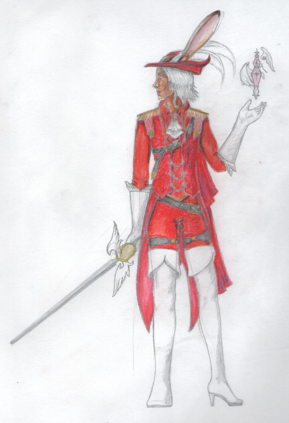 A Viera Red Mage.  Viera are tall, lithe, and agile rabbitfolk. They stand just a bit taller than a man, though their ears sticking straight up give them the impression of a much larger stature.  Red Mages are powerful arcane magic users who utilize the forces of destruction and benediction. With a glance they might light you aflame, with another perhaps abjure you with a magical shield. They are also known for their skills with a rapier, making them one of the most valuable generalist combatants. The red that is their namesake comes from the balance between harmful (black) magic and helpful (white) magic. White symbolizing purity and resolve, while black symbolizes chaos and the unknown. Red is the color of life, passion, and valor, so the combination of holy and profane belies their honest expression of their heartfelt profession.