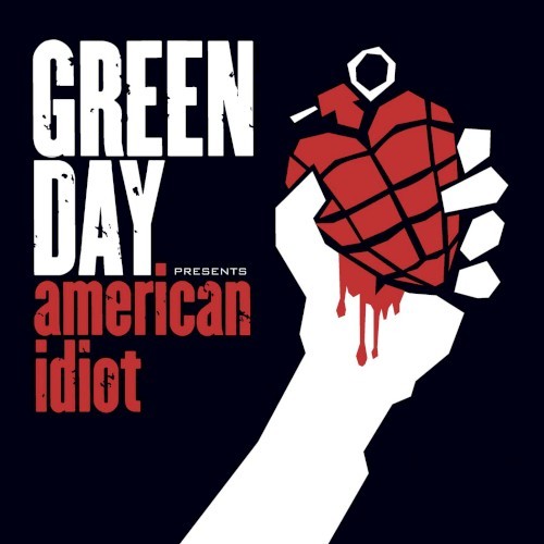 music album art for the album American Idiot by Green Day.  the artwork portrats a clenched fist grasping a hand grenade shaped like a bleeding heart.