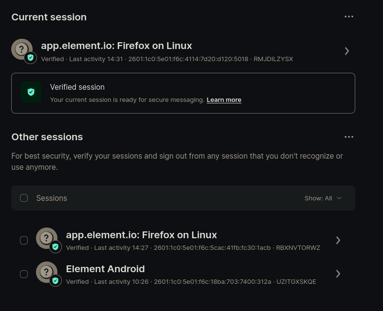 a picture of three logged in element sessions