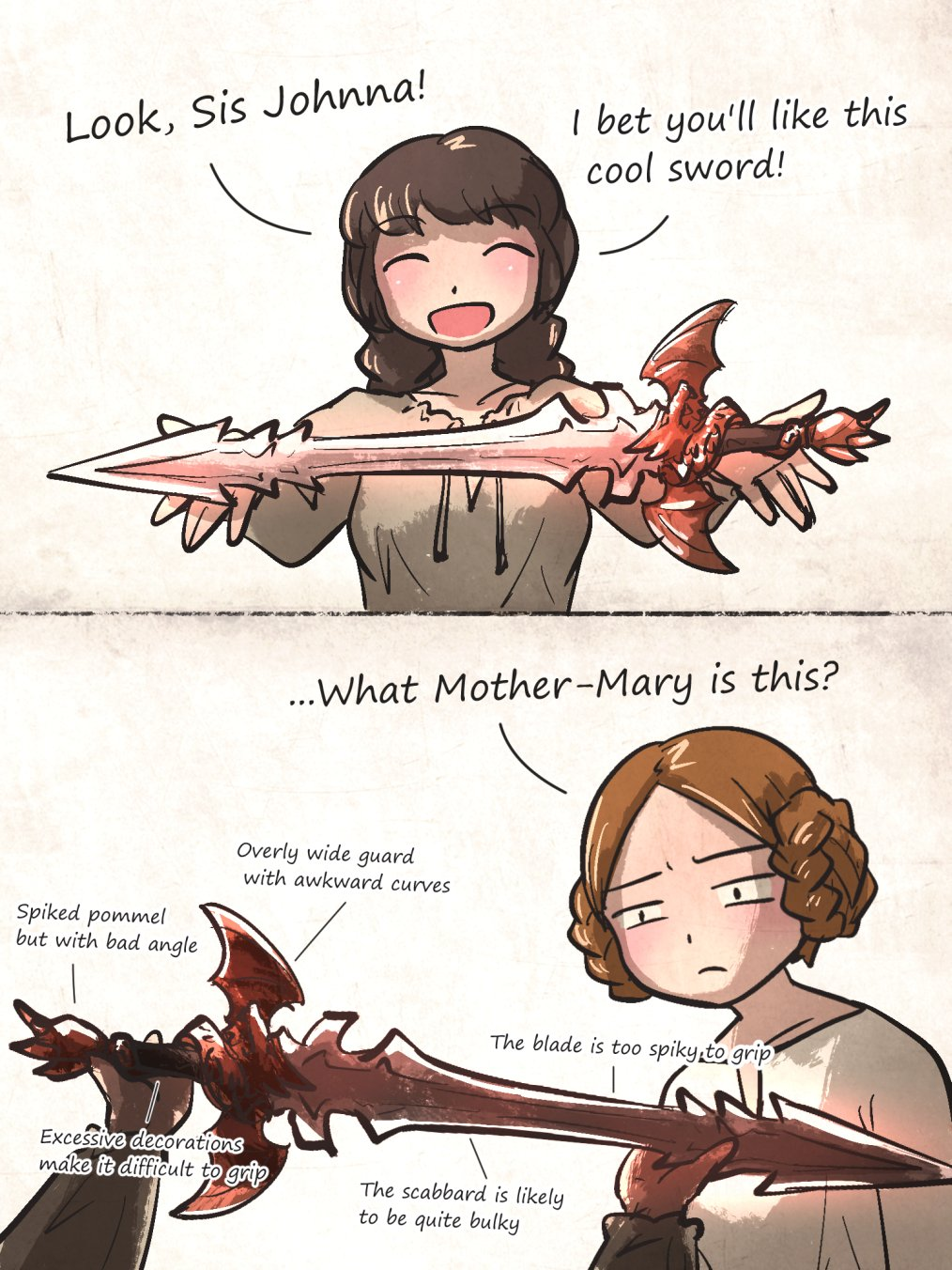 picture of an anime girl offering a sword  picture of a second anime girl looking at the sword with disgust because the sword is obviously ornamental or ceremonial in some way. It has strange spiky bits and weird impossible-to-use features like a dragon shaped handle and an impossible shape.