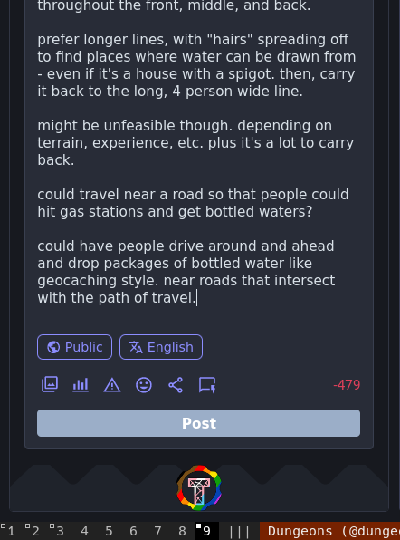 prefer longer lines, with "hairs" spreading off to find places where water can be drawn from - even if it's a house with a spigot. then, carry it back to the long, 4 person wide line.  might be unfeasible though. depending on terrain, experience, etc. plus it's a lot to carry back.  could travel near a road so that people could hit gas stations and get bottled waters?  could have people drive around and ahead and drop packages of bottled water like geocaching style. near roads that intersect with the path of travel.