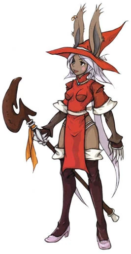 A Viera Red Mage.  Viera are tall, lithe, and agile rabbitfolk. They stand just a bit taller than a man, though their ears sticking straight up give them the impression of a much larger stature.  Red Mages are powerful arcane magic users who utilize the forces of destruction and benediction. With a glance they might light you aflame, with another perhaps abjure you with a magical shield. They are also known for their skills with a rapier, making them one of the most valuable generalist combatants. The red that is their namesake comes from the balance between harmful (black) magic and helpful (white) magic. White symbolizing purity and resolve, while black symbolizes chaos and the unknown. Red is the color of life, passion, and valor, so the combination of holy and profane belies their honest expression of their heartfelt profession.