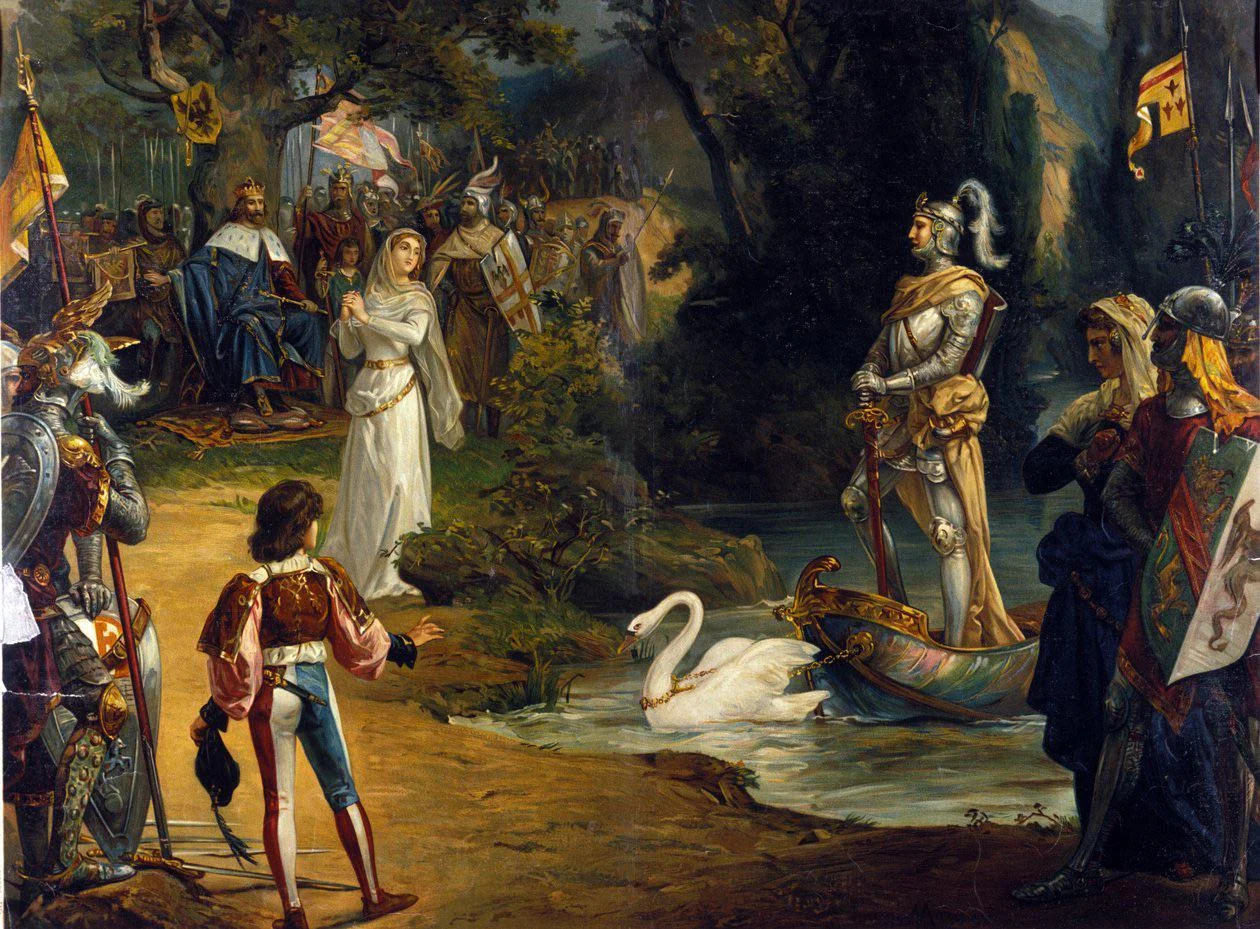 a painting of a bunch of knights in shining armor around a king of some kind with a maiden while a valorous knight floats up on a small little boat pulled by a swan and everyone's like "lohengrin! lohengrin! the swan knight is him!"