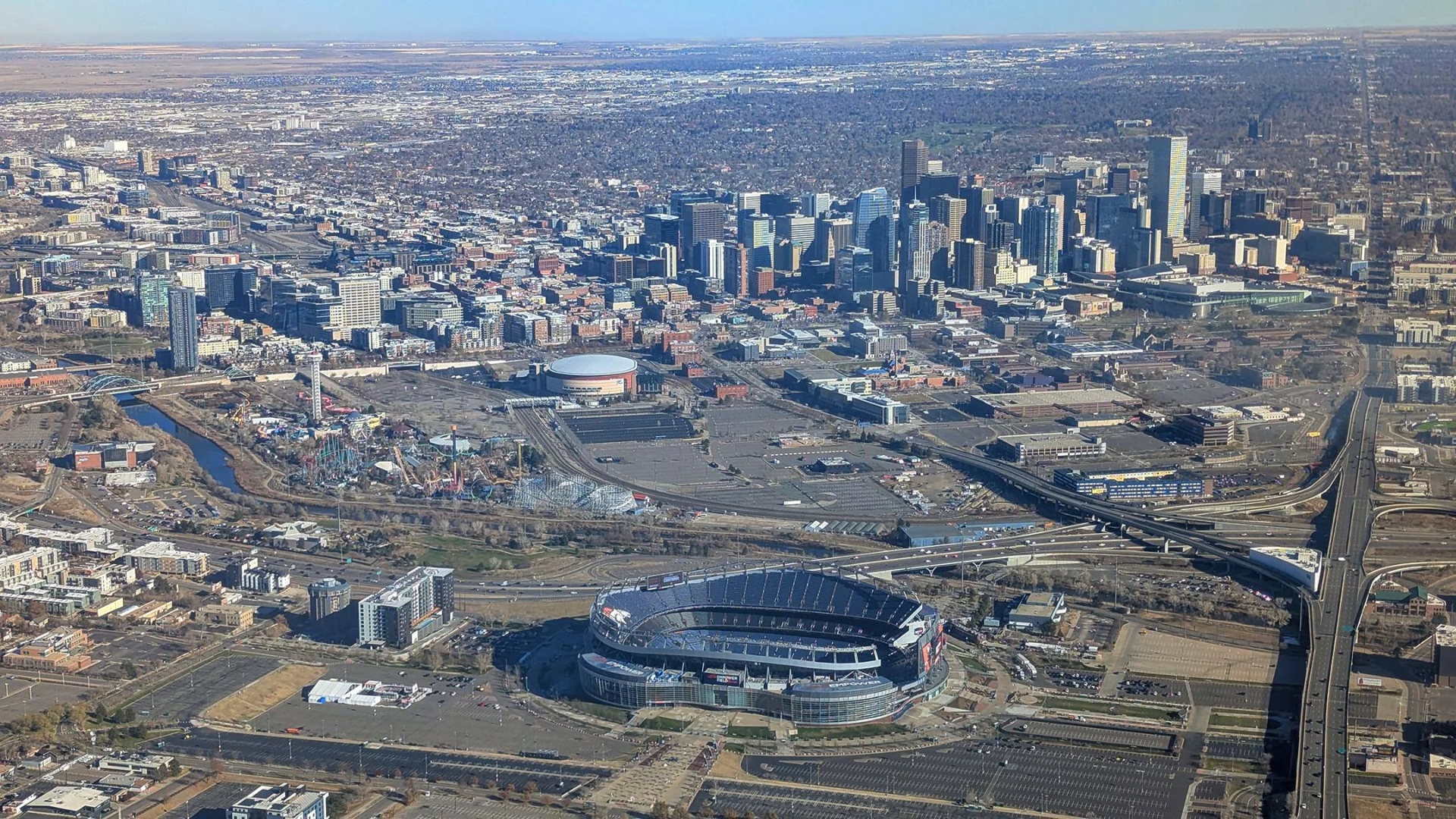 a picture of denver colorado. there's a lot of parking lots.