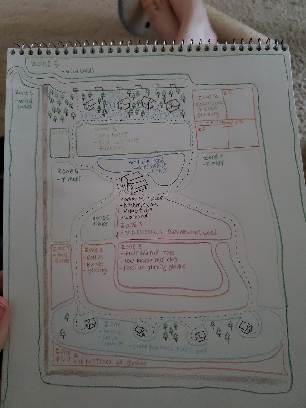 picture of a design I made for a homestead. There are spaces set aside for every conceivable purpose, or at least every purpose I could conceive of.  First, the border is marked as "wild lands" where nature is allowed to flourish as it demands.  there is a small road coming in from the top left, and it leads to a series of houses surrounded by trees. They have small gardens surrounding them, in addition to plenty of trees which hide them tastefully from their neighbors.  In the top right there is a large square area dedicated to chickens - it is sectioned into four portions, each of which will contain the chickens at any one time - they will rotate, first one quadrant, then the next, leaving the rest to lay fallow and hopefully grow things for them to snack on once it's their time in that section.  In the center, there is a communal house, with a large kitchen, sauna, hangout spot, and workshop. There are trails that connect the houses and this spot, so you can visit whenever you'd like. Nearby is an artificial pond that holds fish and stores water just in case.  Below that there is a section for timber, a section for non-essentials like dyes, medicine, and weed. Centralized within all the other areas is a section for low maintanence crops or grazing grounds for an animal or three, depending on what the residents value. In addition there are more homes to the south, and a dirt road that connects them all.  I want to emphasize that this is a first draft I made a few years ago.