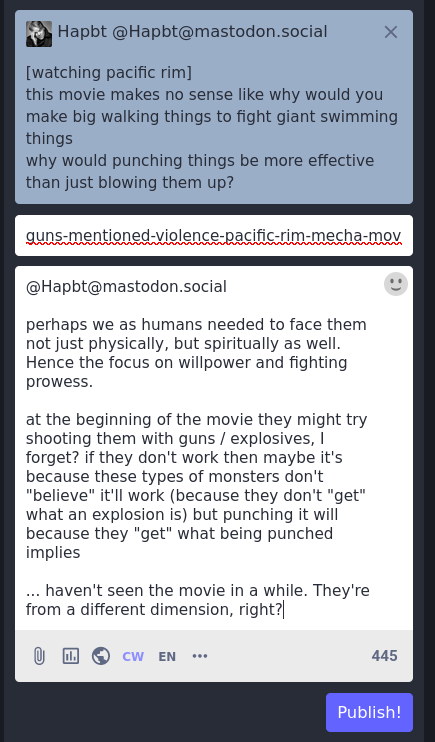 text from the post that was included in the image, but not the text body of the post:  perhaps we as humans needed to face them not just physically, but spiritually as well. Hence the focus on willpower and fighting prowess.  at the beginning of the movie they might try shooting them with guns / explosives, I forget? if they don't work then maybe it's because these types of monsters don't "believe" it'll work (because they don't "get" what an explosion is) but punching it will because they "get" what being punched implies  ... haven't seen the movie in a while. They're from a different dimension, right?