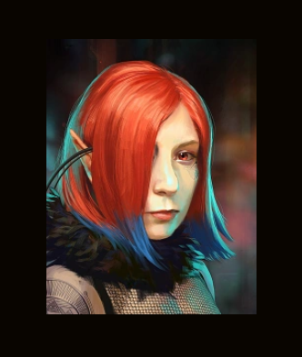 A picture of a character from the video game Shadowrun Hong Kong. She is an elf with red hair and blue tips, with empathetic red eyes matched with a stand-offish demeanor that says "Leave me alone, I crave affection."