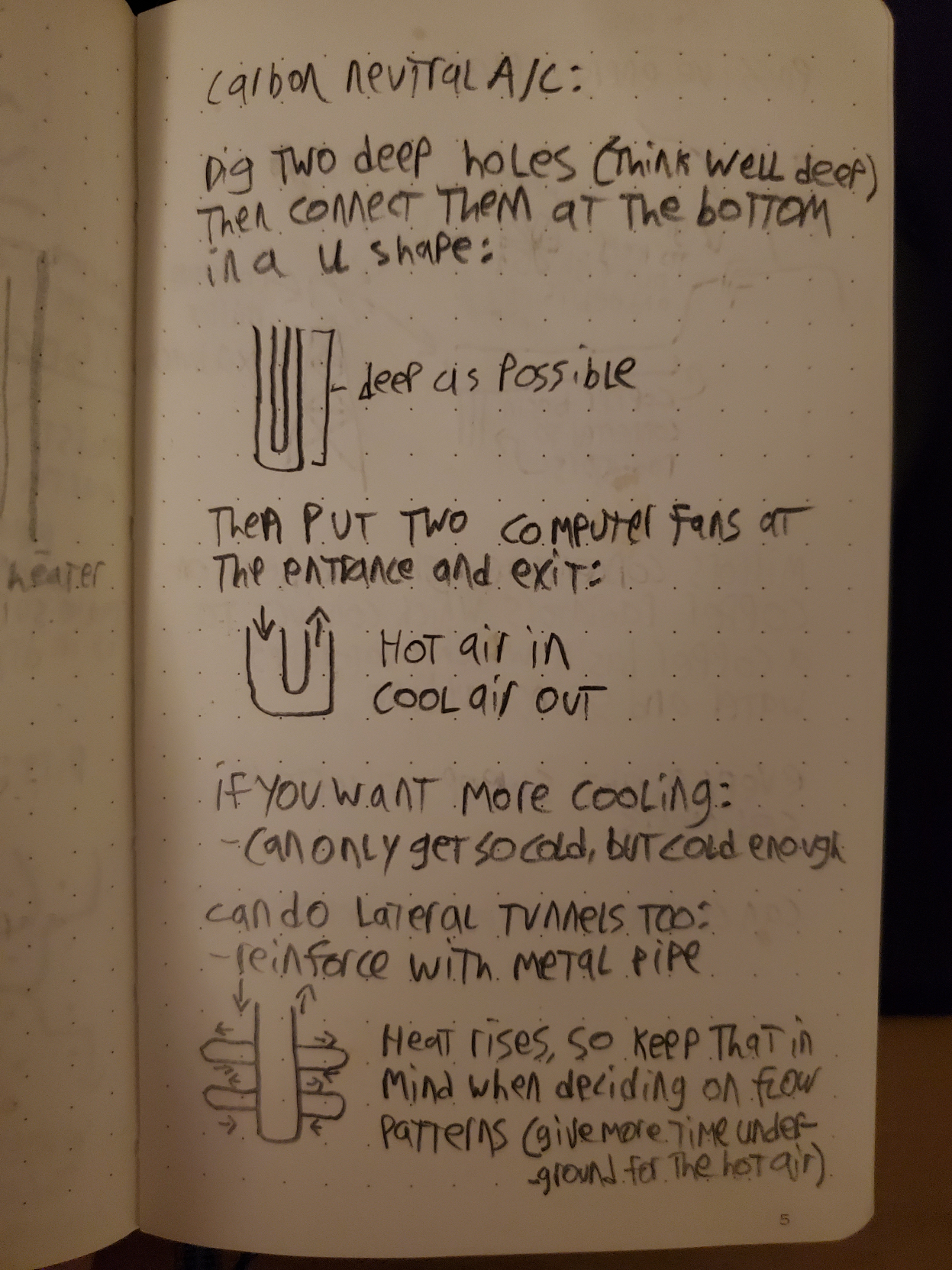 picture of a notebook page illustrating a carbon-neutral air conditioning system.  the system is primarily comprised of two deep holes (as deep as a well) with a metal pipe around the walls in order to keep water out.  these holes are connected at the bottom, forming a "U" shape. At the top, there are two fans, one at the entrance and one at the exit, pushing hot air in and pulling cold air out.  if this system is insufficient to cool the air (perhaps if a deep enough depth cannot be reached) then lateral pipes can be added which circulate air for a longer period of time, and cause the hot air which rises to be circulated longer than the cold air which sinks.  it can only get as cold as the bowels of the earth will allow, but that's plenty cold enough for human comfort. no matter how hot the air gets, if the pipes are long enough they will reach the coldest temperature possible, however that temperature is never going to be so cold as to freeze water, for example.
