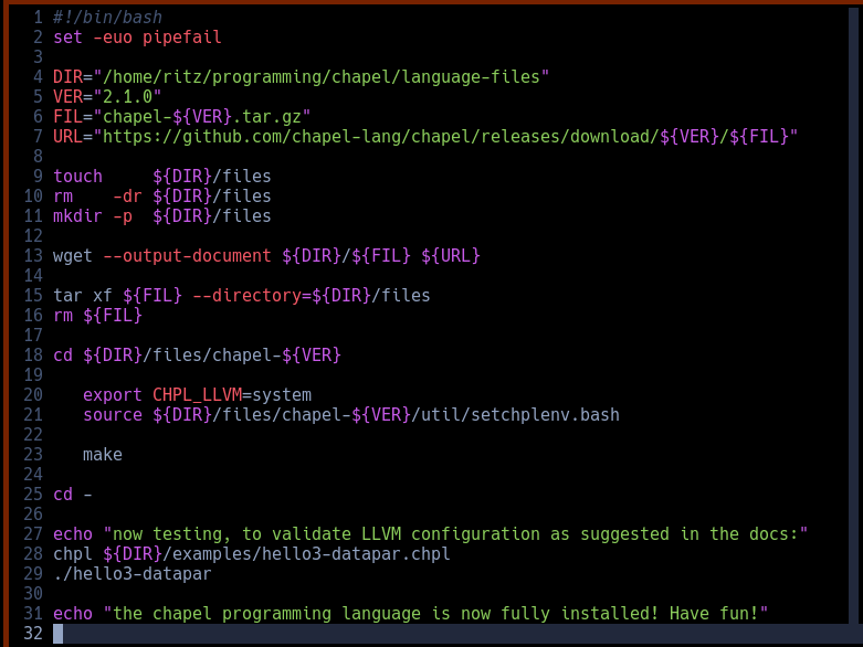 An installation script for the Chapel programming language.  I don't imagine it'd be very useful to hear the program read out-loud, but if it would be interesting to hear, then feel free to ask.