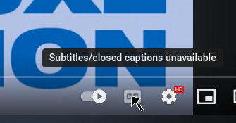 picture is a mouse cursor positioned over the "closed captions" UI element on a Youtube video.  The captions appear to be disabled. A message appears that says "Subtitles/closed captions unavailable" which confirms our suspicions.  Often these captions are automatically generated using AI or some computer science black magic, but apparently songs by the band "Nirvana" are too difficult to understand and so they go un-captioned.