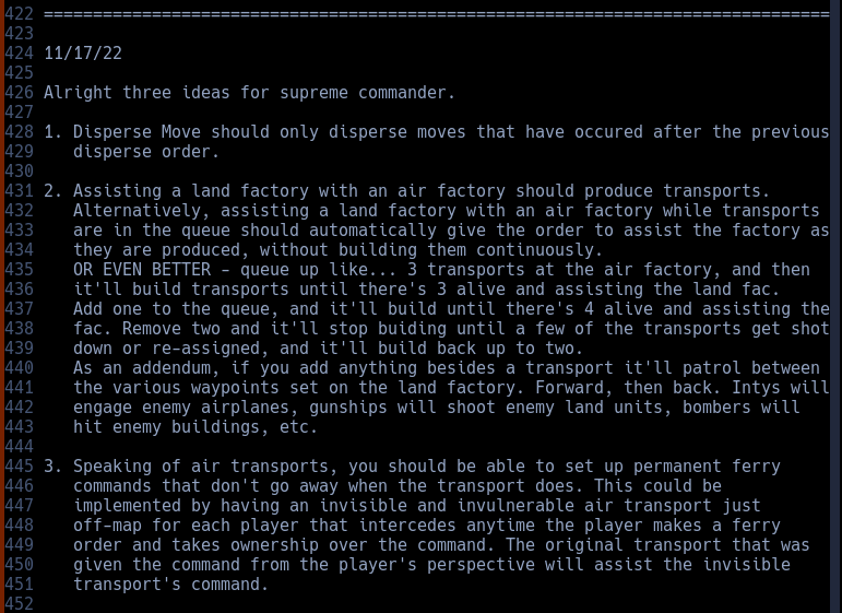      2. Assisting a land factory with an air factory should produce transports.    Alternatively, assisting a land factory with an air factory while transports    are in the queue should automatically give the order to assist the factory as    they are produced, without building them continuously.    OR EVEN BETTER - queue up like... 3 transports at the air factory, and then    it'll build transports until there's 3 alive and assisting the land fac.    Add one to the queue, and it'll build until there's 4 alive and assisting the    fac. Remove two and it'll stop buiding until a few of the transports get shot    down or re-assigned, and it'll build back up to two.    As an addendum, if you add anything besides a transport it'll patrol between    the various waypoints set on the land factory. Forward, then back. Intys will    engage enemy airplanes, gunships will shoot enemy land units, bombers will    hit enemy buildings, etc.     3. Speaking of air transports, you should be able to set up permanent ferry    commands that don't go away when the transport does. This could be    implemented by having an invisible and invulnerable air transport just    off-map for each player that intercedes anytime the player makes a ferry    order and takes ownership over the command. The original transport that was    given the command from the player's perspective will assist the invisible    transport's command.