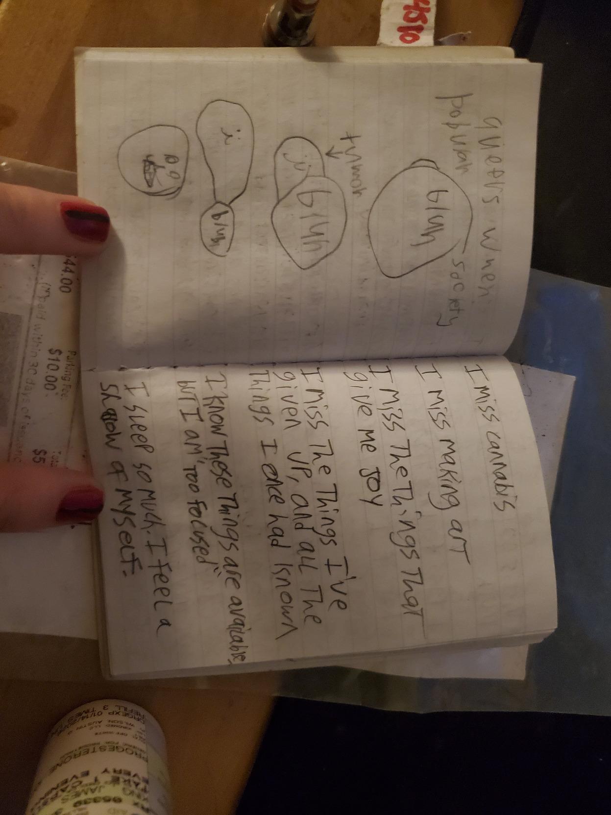 queers when pobular society  [bluh]  [bluh -> meow! (tumor)]  [oooooooowah bluh]  [REVENGE]  [next page]  I miss cannabis  I missing making [out/art]  I miss the things that give me joy  I miss the things I've given up, and all the things I once had known  I know these things are available, but I'm "too focused"  I sleep so much. I feel a shadow of myself.