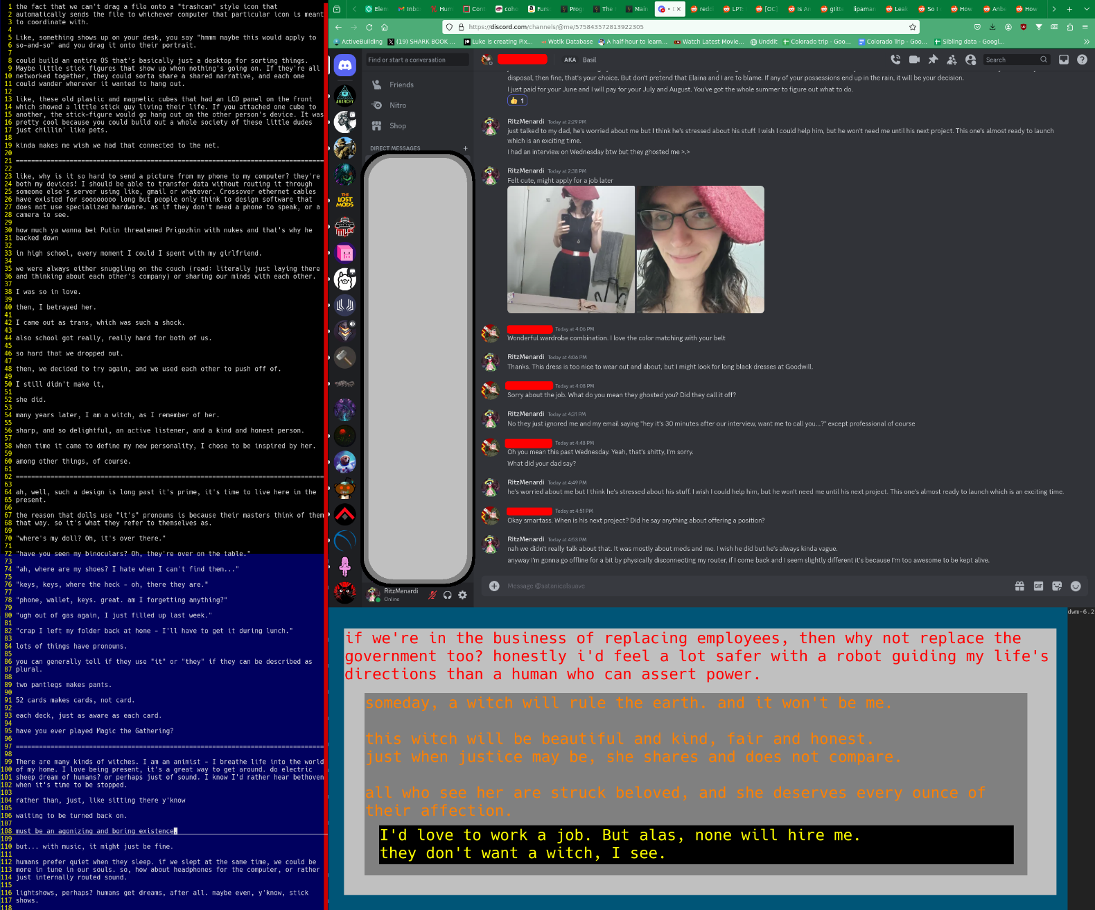 a few poems on the left and a conversation between two lovers on the right. below is some writings on employment.
