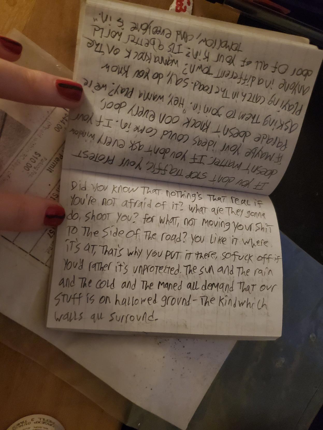 If you don't stop traffic, your protest doesn't matter. If you don't ask every window if maybe your ideas could come in. If your parade doesn't knock on every door, asking them to join in. "hey, wanna play? we're playing catch in the road. say, do you know anyone in a different town? wanna knock on the door of all of your kin? it's a better world tomorrow, and everyone can come in."  [next page]  Did you know that nothing's that real if you're not afraid of it? what are they gonna do, shoot you? for what, not moving your shit to the side of the road? you like it where it's at, that's why you put it there, so fuck off if you'd rather it's unprotected. The sun and the rain and the cold and the maned all demand that our stuff is on hallowed ground - the kind which walls all surround.