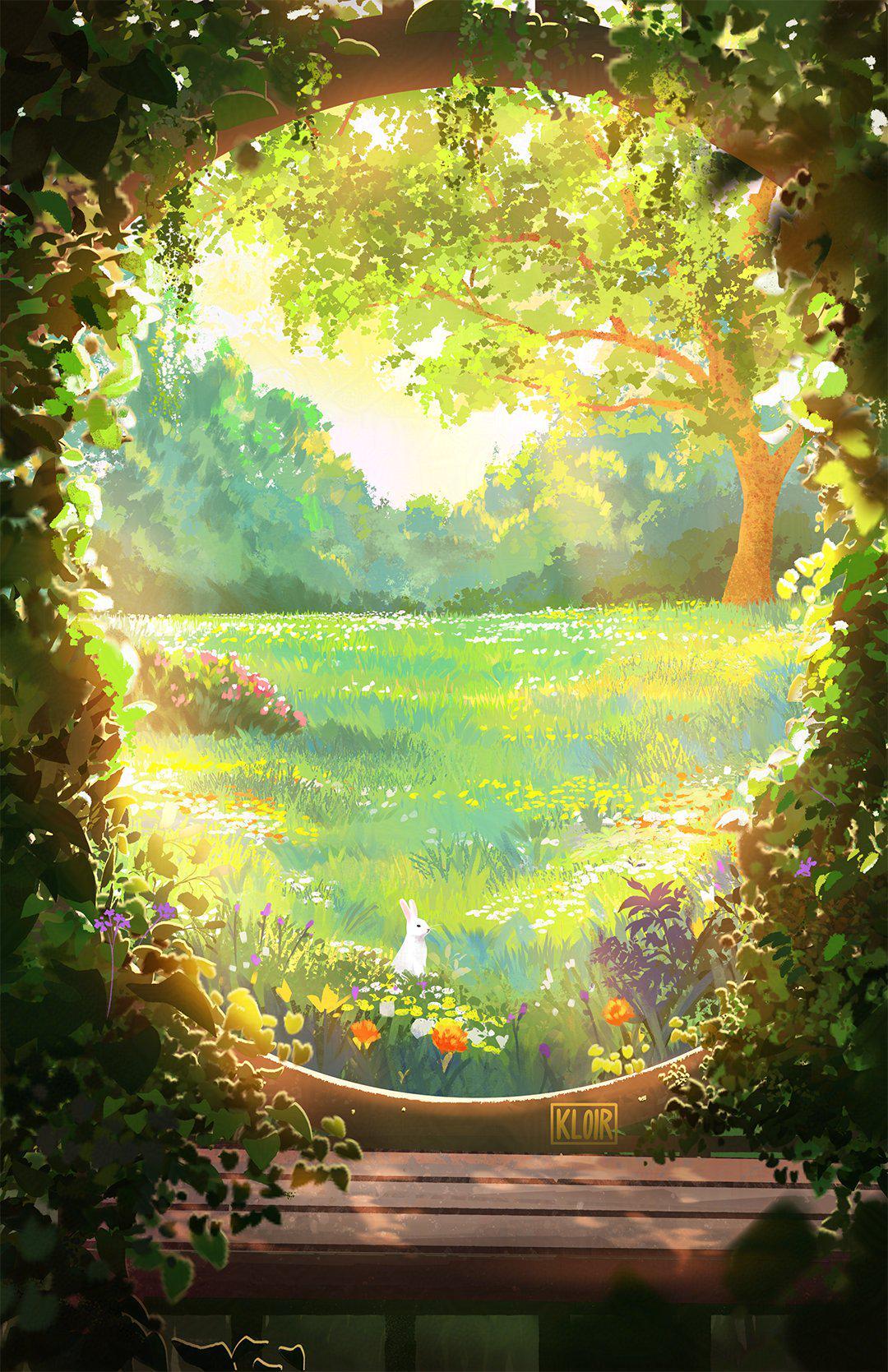 scenic vision of a flat meadow full of flowers with light streaming through the trees, as viewed from a nestled alcove covered in ivy