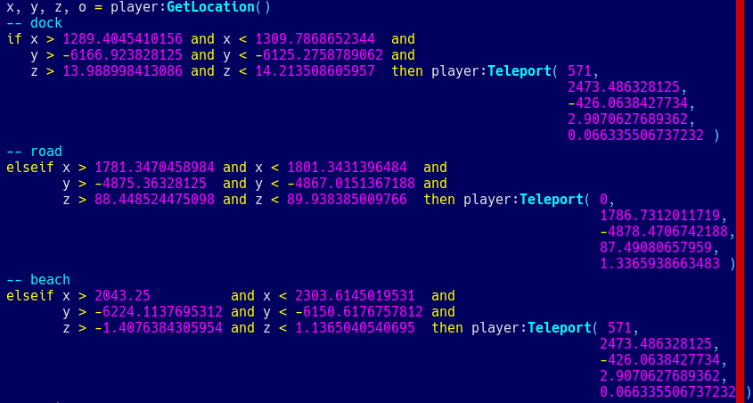 Starts out by initializing x, y, z, and o (for orientation) variables using a "player, dot get location" function.  Next it checks three different locations, labelled "dock, road, and beach" by first testing to see if the X, Y, and Z values are greater or less than predetermined values. If so for all three values, then that means the player is located within a square drawn in the dirt somewhere on the map and they are promptly teleported to some other place.  Basically it's like, a teleport pad in a video game or something. Step into the circle (in this case a square) and you're whisked away to some far off land.