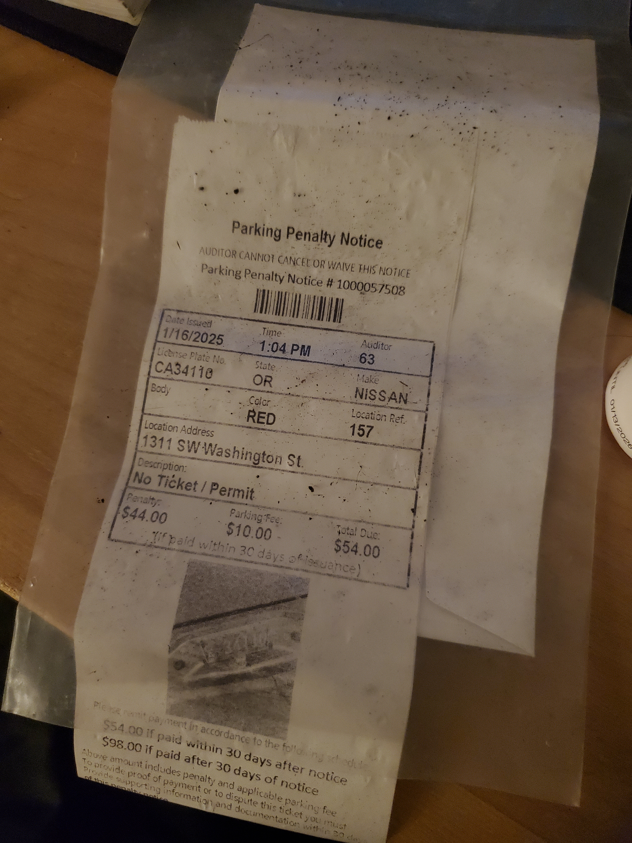 a parking ticket I found on the side of the road.