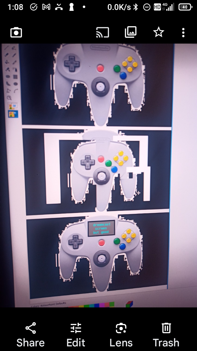 three blurry grainy pictures of nintendo sixty four controllers. the first one is normal. the second one has the buttons smooshed together. the third has some extra visual things above the start button.