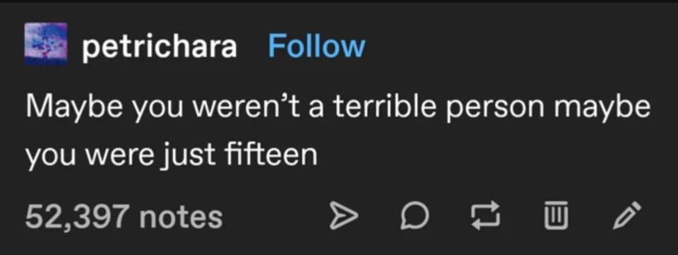 tumblr post that says: maybe you weren't a terrible person maybe you were just fifteen