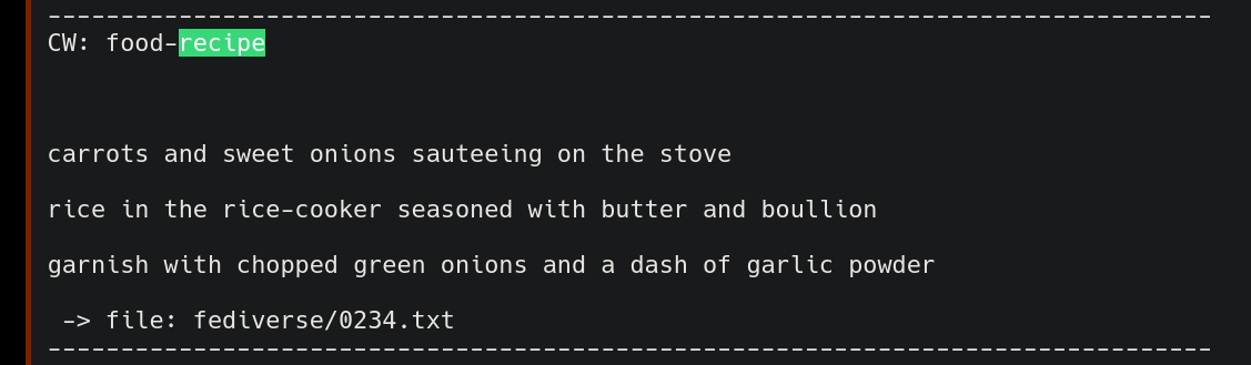 CW: food-recipe    carrots and sweet onions sauteeing on the stove  rice in the rice-cooker seasoned with butter and boullion  garnish with chopped green onions and a dash of garlic powder   -> file: fediverse/0234.txt