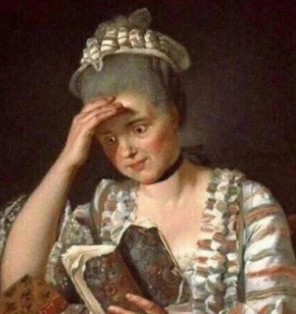 picture of an old painting of a lady reading a book with a "wtf did I just read" face