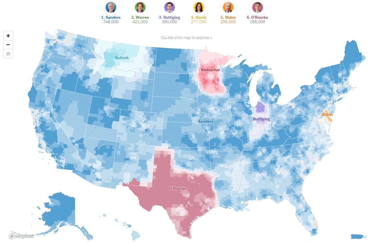a map of the United States which presents the amount of donations received by each democratic primary candidate in 2016. The state of Texas is almost entirely Beta O'Rourke, a small sliver of New York is Biden, (I think? I don't live on the East Coast and everywhere looks the same to me), Montana went to Bullock (who?) Wisconsin is Klobuchar, and the state below Michigan (sorry) is Buttigieg.  The rest of the country is entirely dominated by Bernie Sanders. Essentially the entire map, aside from a few key states, is united behind him. There's no contest, he has almost twice as many donors as the 2nd highest candidate (Elizabeth Warren, who barely has a presence on the map suggesting she was 2nd best in every spot)