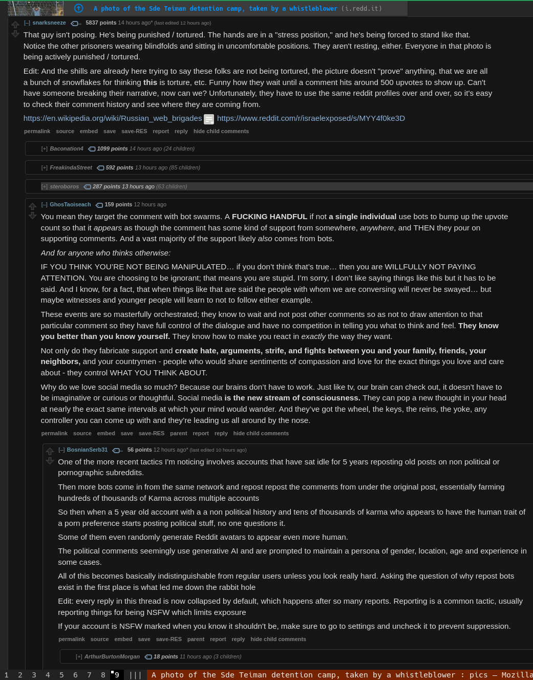 a picture of a reddit comment chain talking about torture and the "spin" that the media should take on topics of difficulty. They mention how all the internet is manipulated by bots which allow a single person to push a button and cause a hundred upvotes on a comment, essentially determining the narrative according to what their bosses intend.