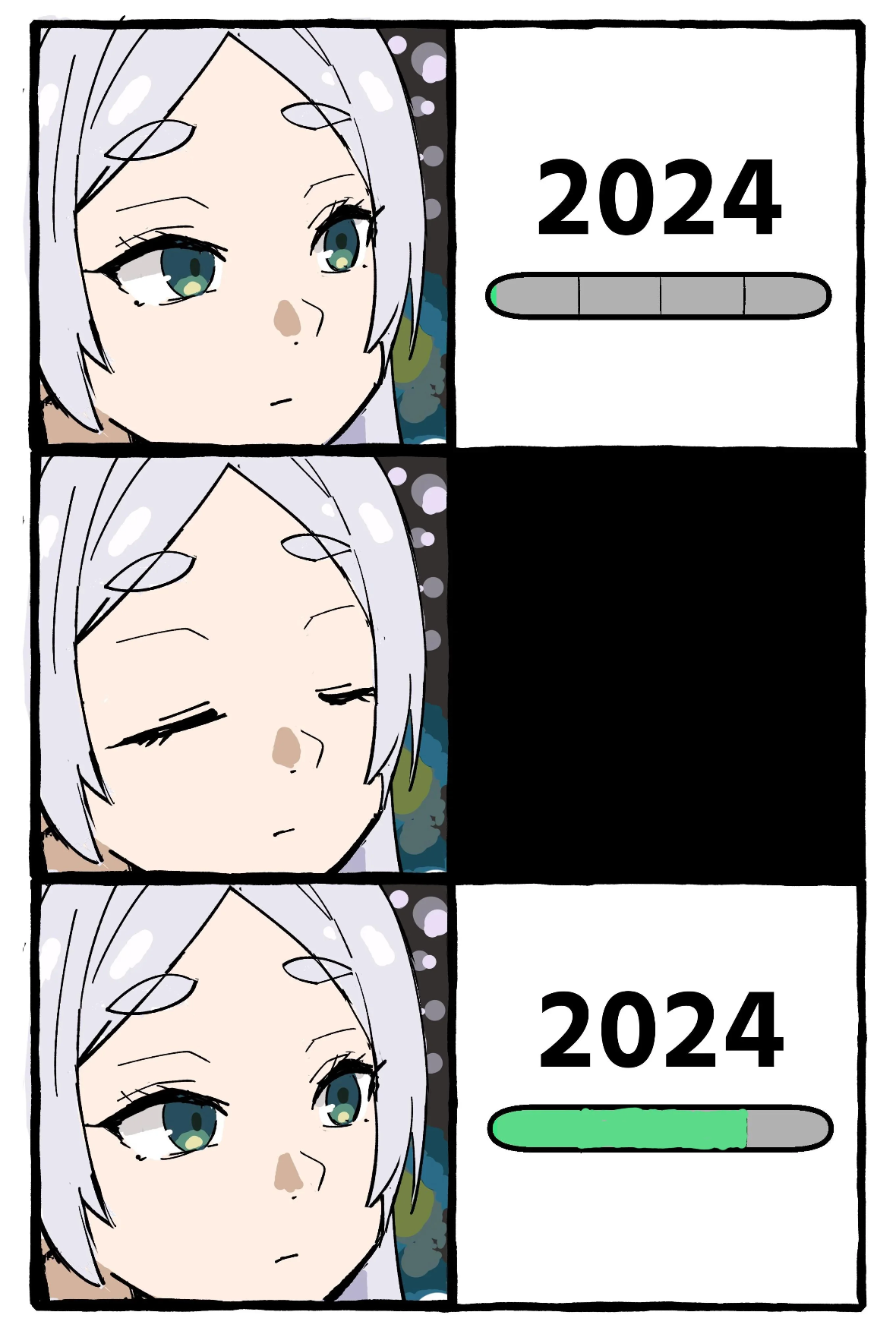 a picture of an anime girl looking at the number 2024 with an empty progress bar underneath it.  she blinks, there is darkness.  she re-opens her eyes, and she looks at the number 2024 with an 80% full progress bar underneath it.  she gazes on impassively.