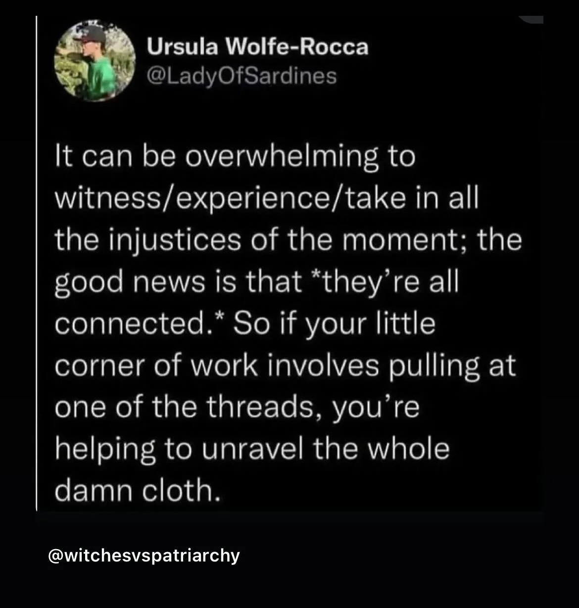 screenshot of a social media post  "It can be overwhelming to witness/experience/take in all the injustices of the moment; the good news is that *they're all connected.* So if your little corner of work involves pulling at one of the threads, you're helping to unravel the whole damn cloth."
