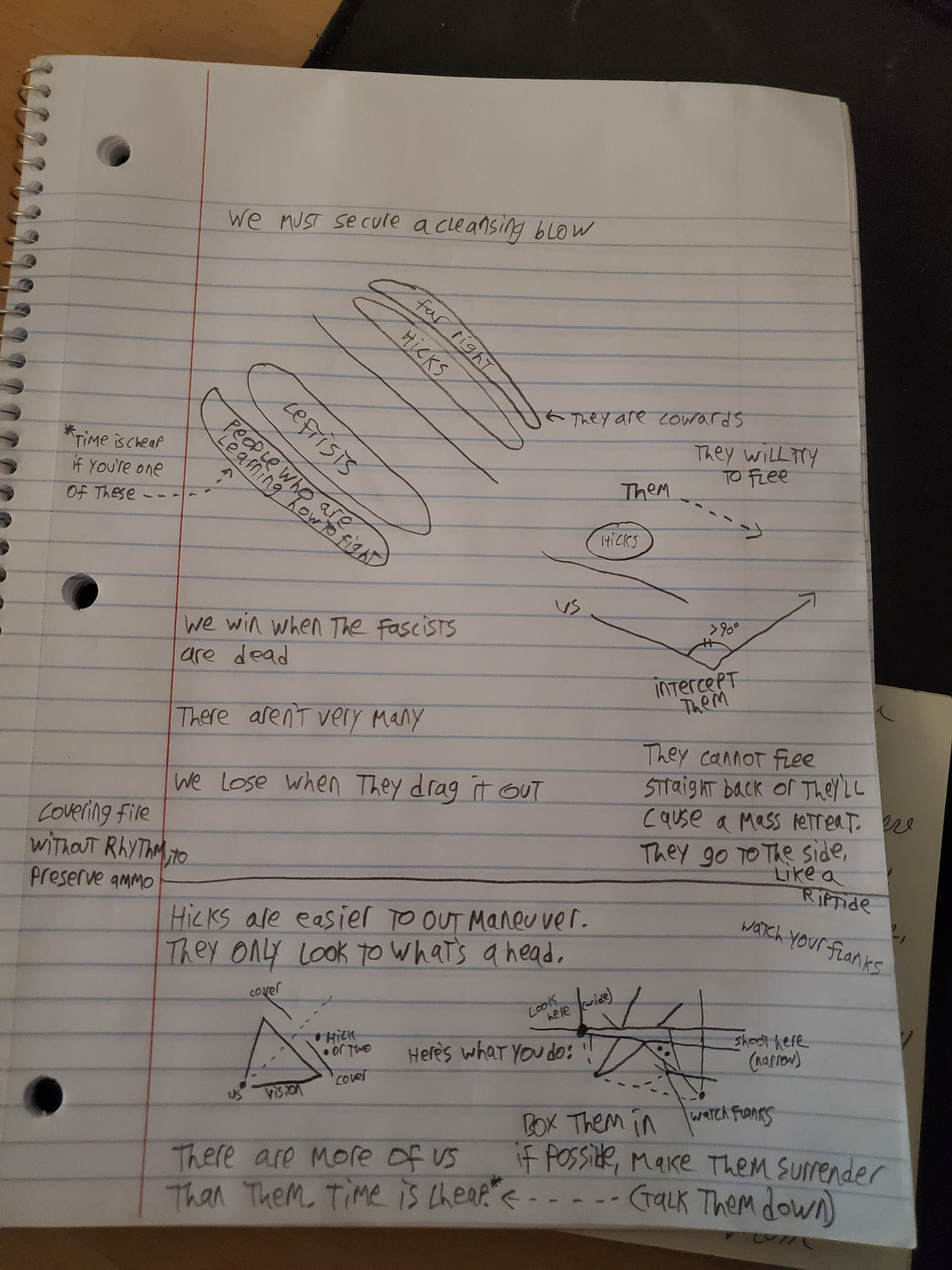 we must secure a cleansing blow  diagram of battle-lines between two forces. One side has their best and brightest in front, because they care about people. The other hides behind their fellows like the cowards they are.  we win when the fascists are dead.  there aren't very many.  we lose when they drag it out.  then a diagram showing how to intercept the cowards as they flee. They cannot flee straight back or they'll cause a mass retreat. They go to the side, like swimming out of a riptide.  Covering fire without rhythm, to preserve ammo.  Hicks are easier to outmaneuver. They only look to what's ahead. Watch your flanks.  Time is cheap if you're learning how to fight. At least, until it's not, but then you're next in line so fight for the light.  if you can, get your foes to surrender. A lost life is a tragedy for all, but fascists are hardly living so they don't count. A life of hate is not a life, but a kind of un-life - it is antithetical to us. Anathema. Empathy is their bane, and we will win forever at the end of this.
