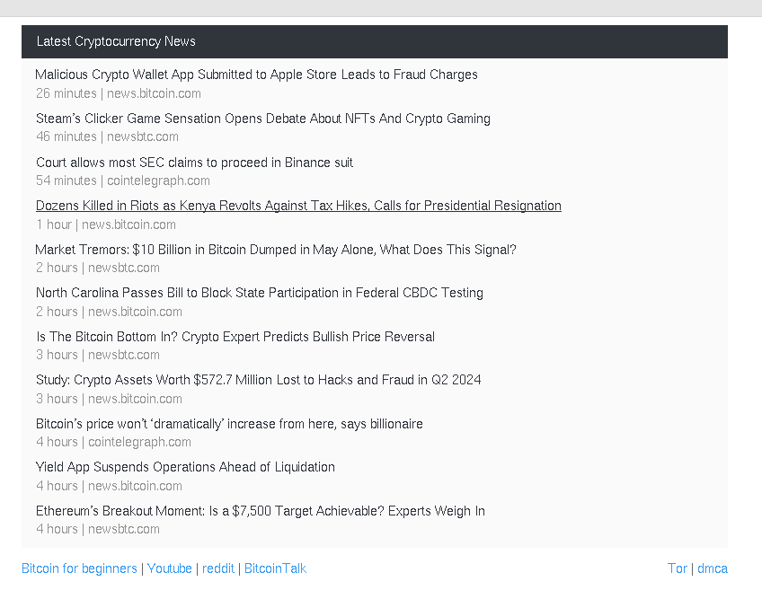  Latest Cryptocurrency News Malicious Crypto Wallet App Submitted to Apple Store Leads to Fraud Charges 26 minutes | news.bitcoin.com Steam’s Clicker Game Sensation Opens Debate About NFTs And Crypto Gaming 46 minutes | newsbtc.com Court allows most SEC claims to proceed in Binance suit 54 minutes | cointelegraph.com Dozens Killed in Riots as Kenya Revolts Against Tax Hikes, Calls for Presidential Resignation 1 hour | news.bitcoin.com Market Tremors: $10 Billion in Bitcoin Dumped in May Alone, What Does This Signal? 2 hours | newsbtc.com North Carolina Passes Bill to Block State Participation in Federal CBDC Testing 2 hours | news.bitcoin.com Is The Bitcoin Bottom In? Crypto Expert Predicts Bullish Price Reversal 3 hours | newsbtc.com Study: Crypto Assets Worth $572.7 Million Lost to Hacks and Fraud in Q2 2024 3 hours | news.bitcoin.com Bitcoin’s price won’t ‘dramatically’ increase from here, says billionaire 4 hours | cointelegraph.com Yield App Suspends Operations Ahead of Liquidation 4 hours | news.bitcoin.com Ethereum’s Breakout Moment: Is a $7,500 Target Achievable? Experts Weigh In 4 hours | newsbtc.com 