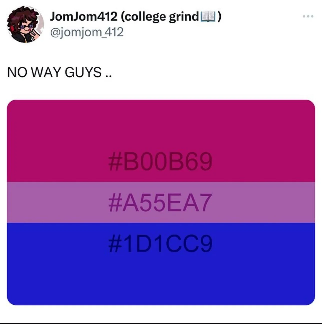 a screenshot of a twitter post where someone says in all caps "NO WAY GUYS..."  there's a picture of a bisexual flag with the color codes displayed and they are from top to bottom: #b00b69, #a55ea7, and #1d1cc9  the letters spell out the words: "boob69", "ass eat", and "1 dick 9"