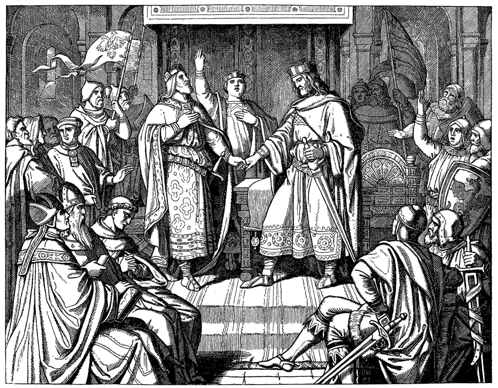 a picture of a bunch of medieval people crowded into a room with the kings and the official church official guy being the only ones with breathing room