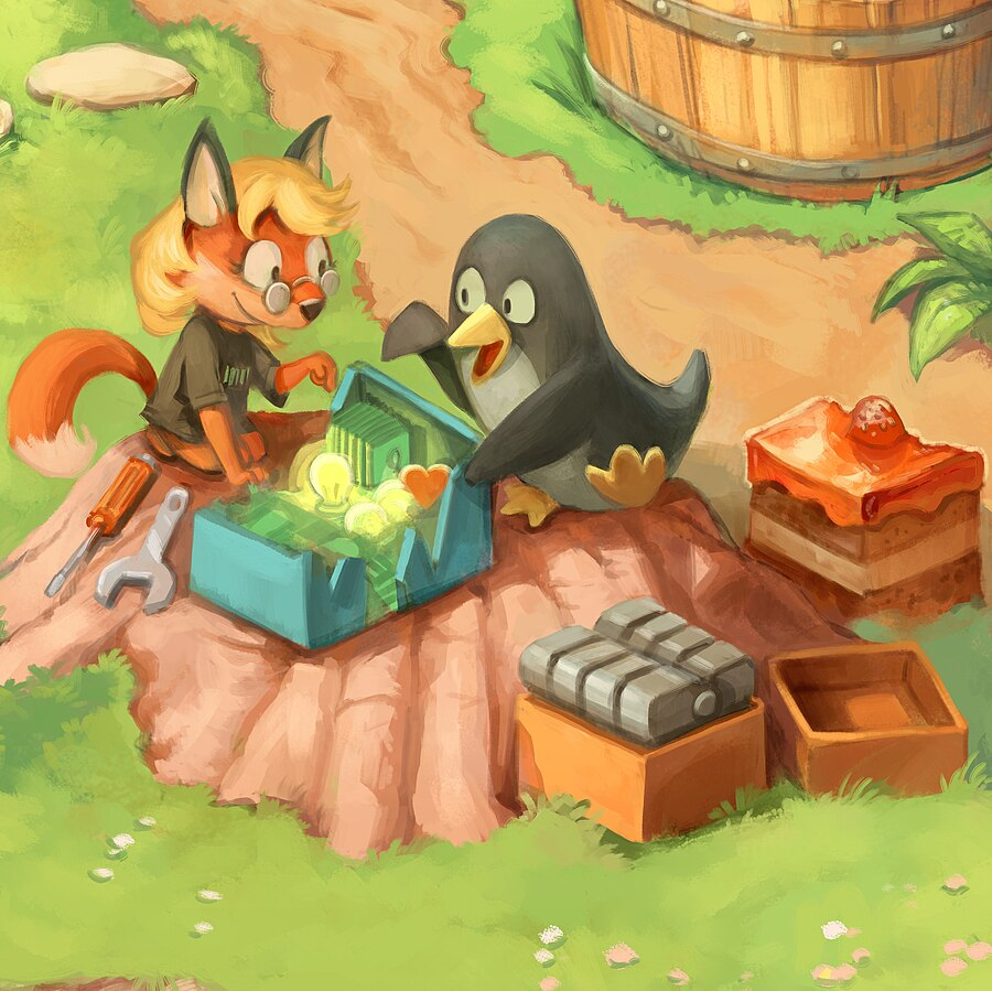a picture of two young chibi looking characters, Xenia and Tux, both Linux mascots, building a computer from scratch