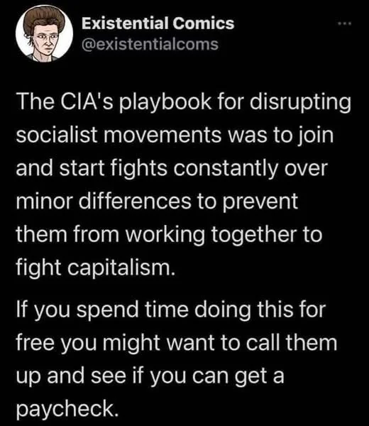 screenshot of a twitter post.  "The CIA's playbook for disrupting socialist movements was to join and start fights constantly over minor differences to prevent them from working together to fight capitalism.  if you spend time doing this for free you might want to call them up and see if you can get a paycheck."