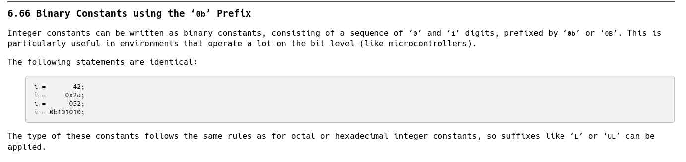 An excerpt from the GNU C documentation. The page describes how to use binary constants in C code using a prefix of '0b', essentially instead of using the integer 42 you might write '0b101010'  This particular page is from chapter 6, page 66. The joke, of course, is that using binary numbers in C code in this way is demonic in some way (traditionally the number 666 is regarded as the "devil's number")