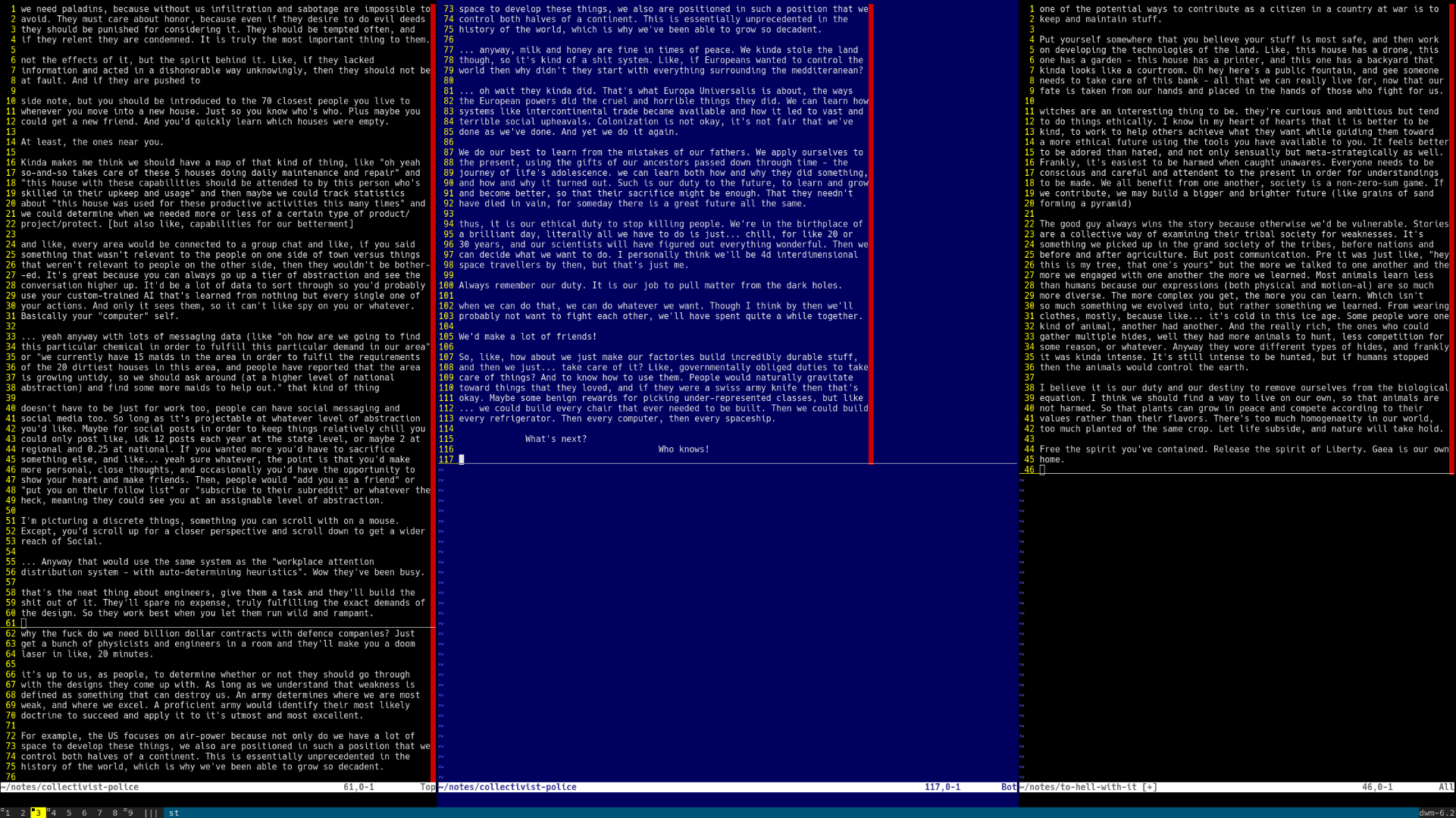 two poems written by Ritz Menardi about... a lot of stuff. Here's the AI generated overview:  One way to contribute as a citizen in a country at war is by maintaining essential infrastructure and services. This can include keeping public spaces, like schools and hospitals, operational during times of conflict. Additionally, working on developing technologies that improve the quality of life for people in your community can be beneficial.  Witches, as you mentioned, are an interesting group to study and engage with. They often have a strong sense of ethics and curiosity. By interacting with them and learning from their experiences, you may find new ways to approach problems and make more informed decisions.  Staying conscious and attentive to the present is crucial for understanding complex situations and making effective choices. In times of conflict or crisis, it's essential to be aware of your surroundings and the needs of those around you.  Stories and storytelling are important for societies because they help identify weaknesses and areas for improvement. By engaging with stories from various cultures and time periods, we can gain a broader understanding of human nature and history.  Diversity in expression is one of humanity's greatest strengths, as it allows us to learn and grow together. By embracing different perspectives and experiences, we can create more innovative solutions and better understand the world around us.  [continued on picture 2]