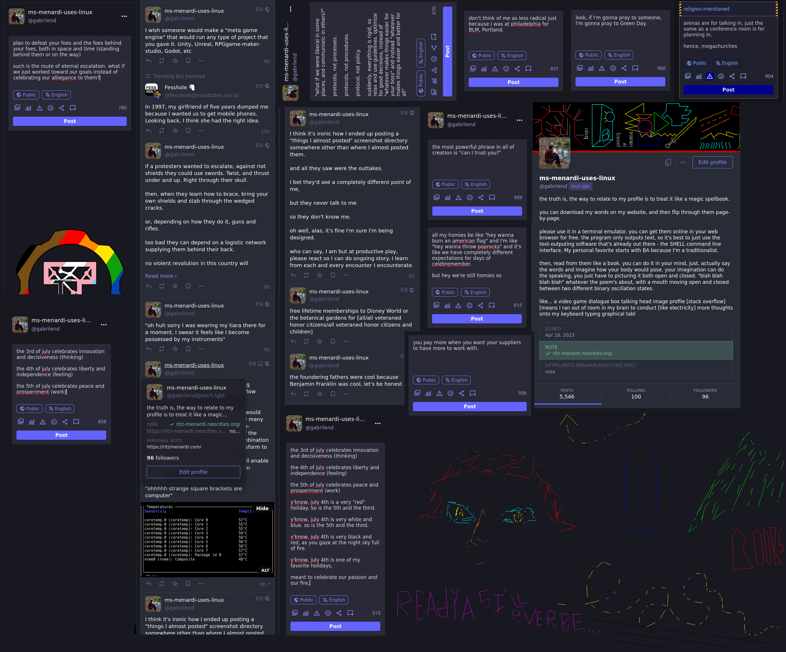 screenshot of a bunch of mastodon posts. sorry it's too much to alt text. there's some visuals drawn on the bottom right.