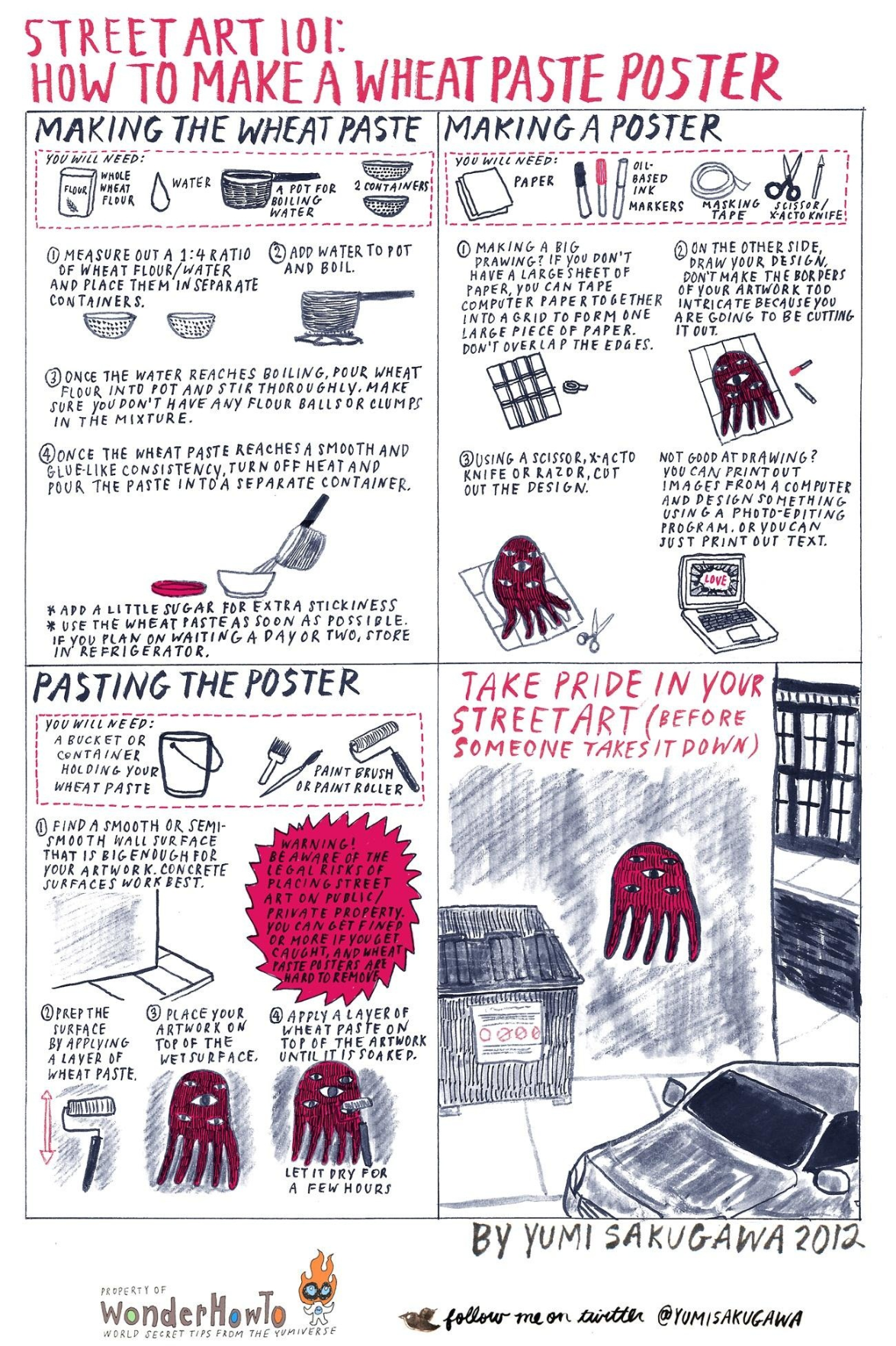 An infographic describing the method of creating wheat paste, a form of adhesive to apply paper to concrete. It involves boiling water, flour, and sugar in a pan and straining it before painting the wall with a paint-brush roller.