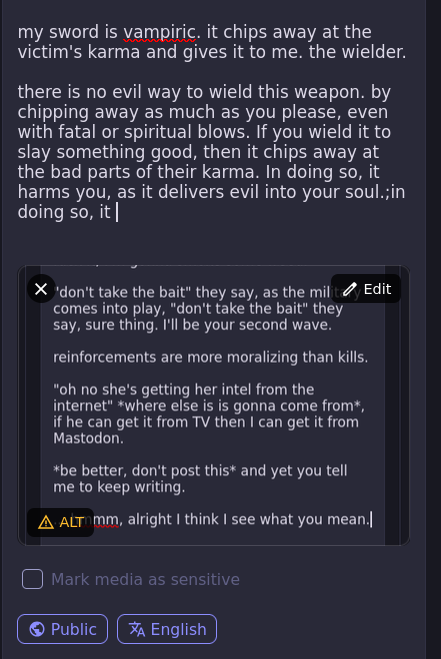 my sword is vampiric. it chips away at the victim's karma and gives it to me. the wielder.  there is no evil way to wield this weapon. by chipping away as much as you please, even with fatal or spiritual blows. If you wield it to slay something good, then it chips away at the bad parts of their karma. In doing so, it harms you, as it delivers evil into your soul.;in doing so, it 