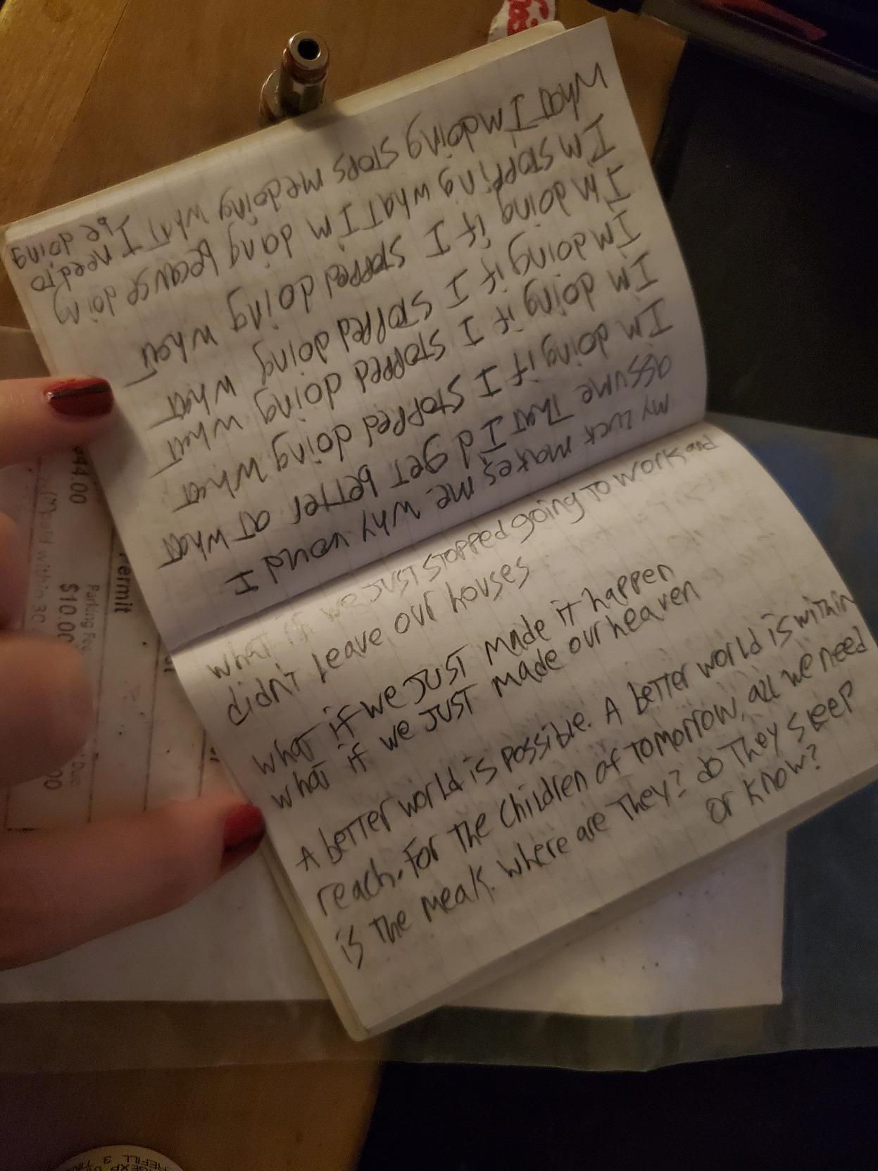 my luck makes me. why would I assume that I'd get better at what I'm doing if I stopped doing what I'm doing if I stopped doing what I'm doing if I stopped doing what I'm doing if I stopped doing what I'm stopping what I'm doing because doing what I'm doing stops me doing what I need to be doing.  [next page]  what if we just stopped going to work and didn't leave our houses  what if we just made it happen what if we just made our heaven  a better world is possible. a better world is within reach. for the children of tomorrow, all we need is the meek. where are they? do they sleep or know?